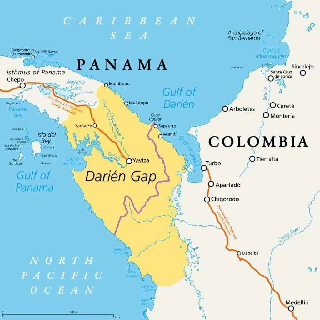 Darien Gap, geographical region in the Isthmus of Panama, political map